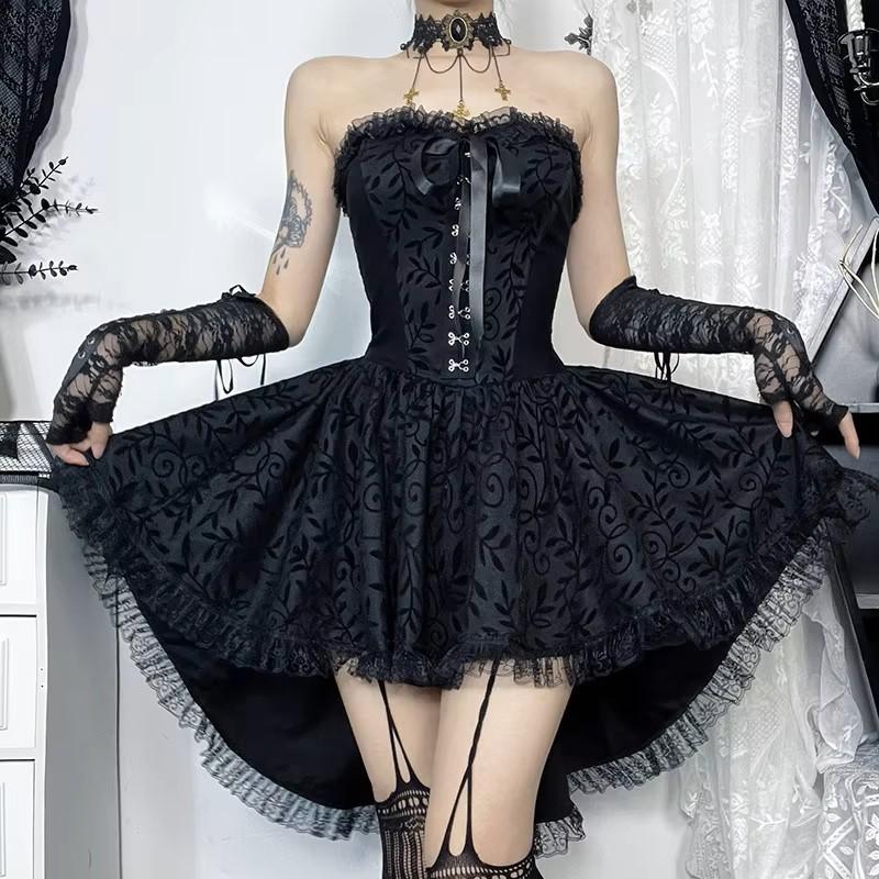 Gothic Goth Dark Lace Patchwork Bandage Strapless Corset Dress Party Gown Fairy Backless Tailed Women