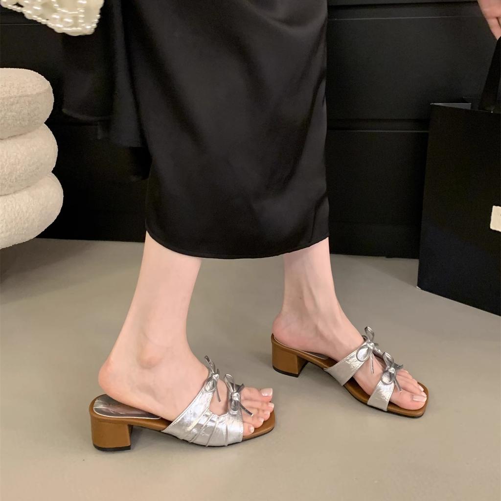 Bow French Slippers Women's 2025 New Summer Korean Version Square Head Versatile Thick Heel Outer Wear Cool Slippers