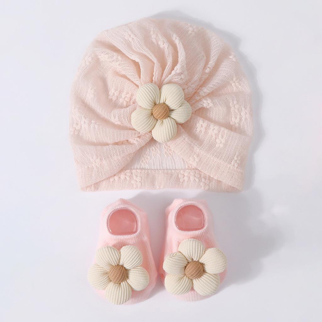Pudcoco Baby Mädchen Turbanhut und Socken Atmungsaktiv Neugeboren Blumen Kopfwickel Mütze für Säugling Kleinkind Pography Requisiten