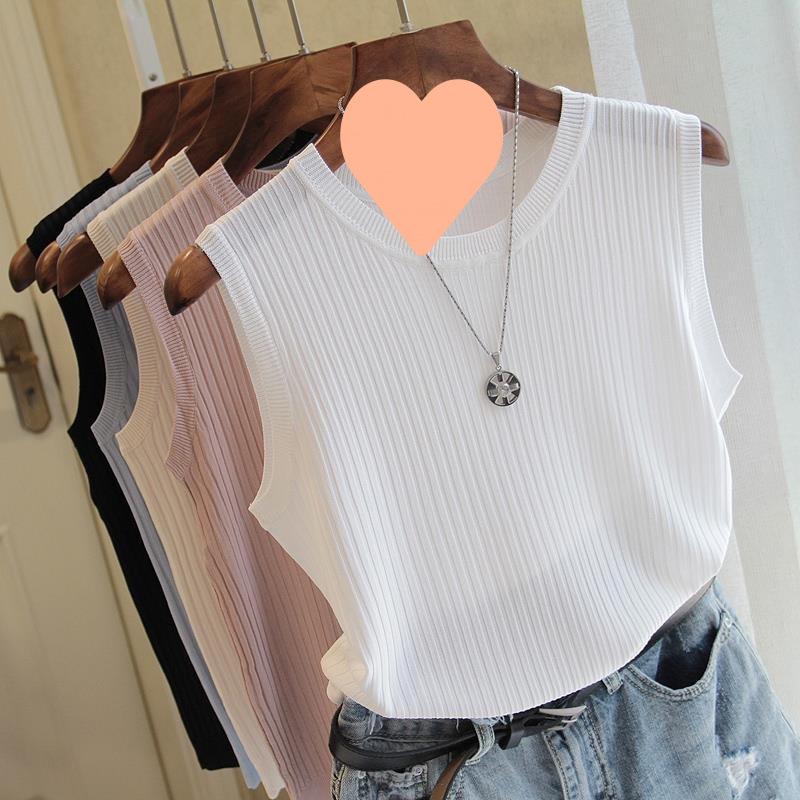 

Женская майка большого размера из ледяного шелка с круглым вырезом - Летняя корейская безрукавка, универсальная базовая футболка S (80-100 jin)