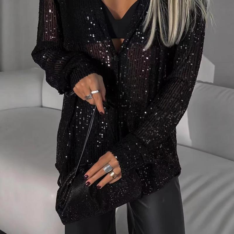 Spring and Summer New Sequin Top Lapel Long-sleeved Cardigan Basic Women s Shirt Jacket S чёрный