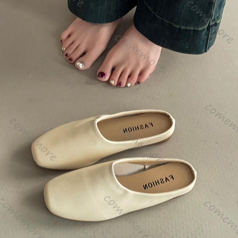Fashion Comemore Retro Square Head Baotou Half Slippers Female Spring Summer Outside Wear Soft Leather Casual Solid Flat Mules Slides