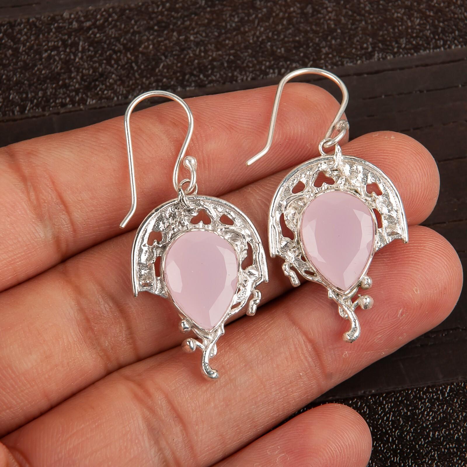 

Розовый Халцедон Драгоценный Камень 925 Стерлинговое Серебро Ювелирные Изделия Ручной Работы Серьги-Крючки 1.73 CE-5-14