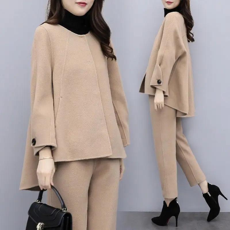 Women's Autumn Winter Woolen Two Piece Set Coat Cucumber Pants Casual Fashionable
