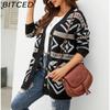 BITCED Autumn/Winter Women's Diamond-Patterned Oversized Knitted Cardigan Jacquard Mid-Length Sweater Coat