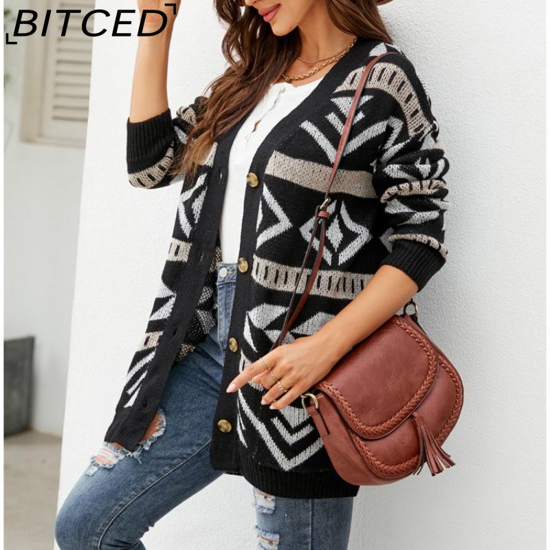 BITCED Autumn/Winter Women's Diamond-Patterned Oversized Knitted Cardigan Jacquard Mid-Length Sweater Coat