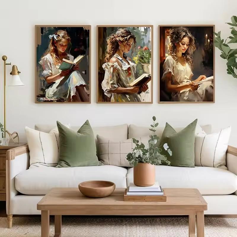 Vintage Read Elegant Girl Book Lovers Poster Women Portrait Oil Painting On Canvas Painting Wall Art Picture for Room Home Decor