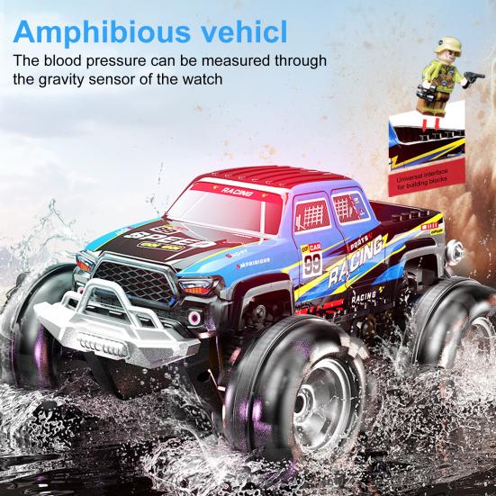 Remote Control Amphibious Off-road Car with LED Light 4WD Kids Electric 2.4GHz RC Stunt Truck Rechargeable Toddlers All-terrain Crawler Vehicle Toy