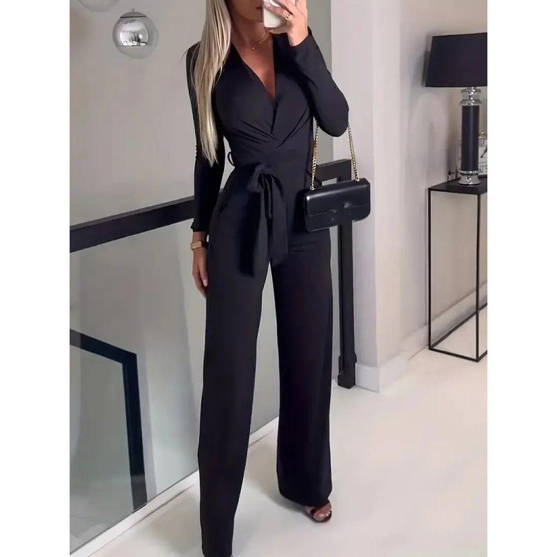 European and American Women's Trousers Set Solid Jumpsuit Solid V-neck Temperament Jumpsuit V-neck Jumpsuit