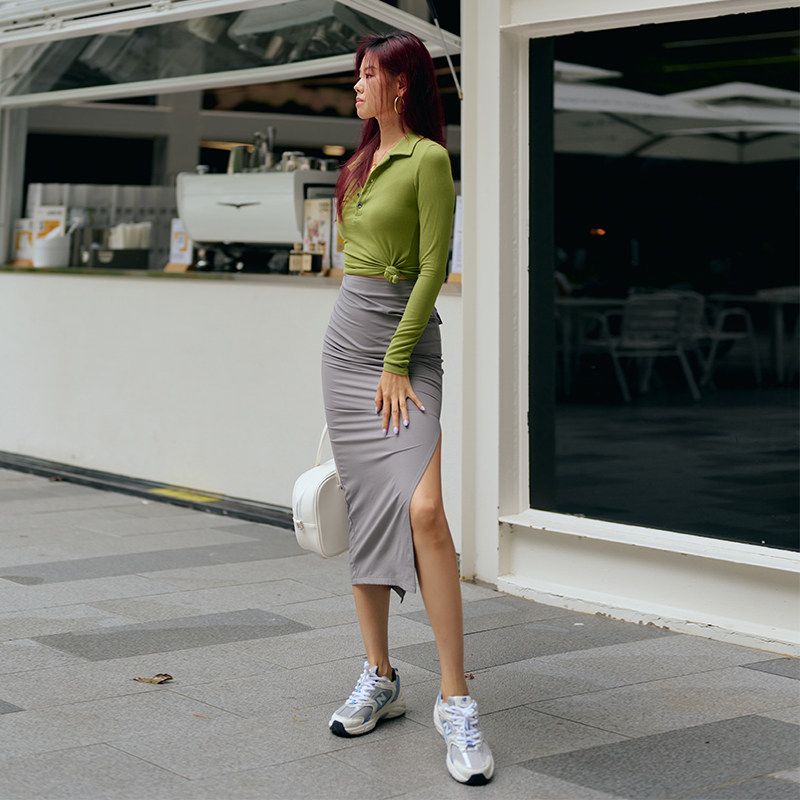 Alphagym Mountain-Style Camping Quick-Dry Workwear Half-Skirt for Women, Autumn Slim-Fit European and American Ins Long Skirt Silver Gray XS