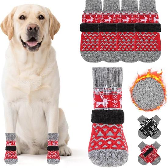 KOOLTAIL Dog Socks to Prevent Licking Paws, Dog Christmas Outfit Shoes for Winter Snow Pavement, Warm Fleece Pet Boots & Paw Protector for Hardwood