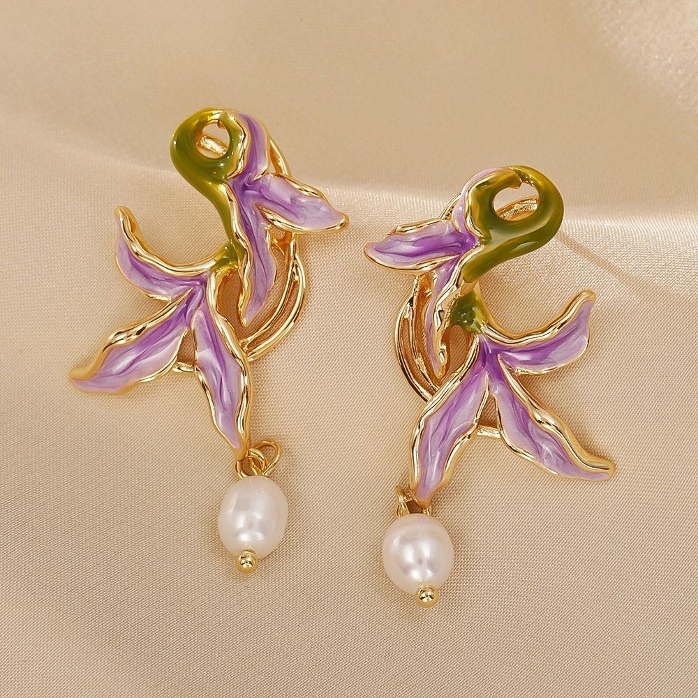 Elegant Drip Oil Earrings Gold Plated Pearl Pendant Earrings  Daily Wear