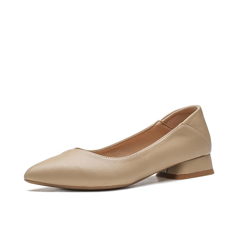 222 Nude Thick Heel Pointed Single Shoes Women's New Soft Sole Comfortable Work Career Interview Low Heel Work Shoes