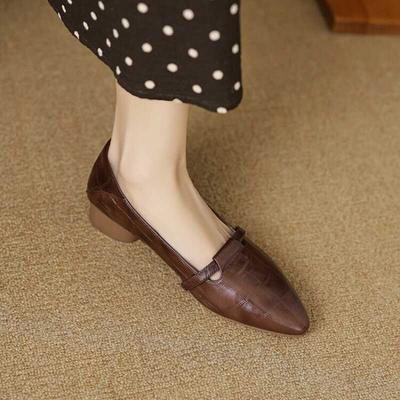 French Retro Low-heeled Leather Shoes for Women New Spring and Autumn Microfiber Pointed Toe Shallow Mouth Single Shoes for Grandma Shoes