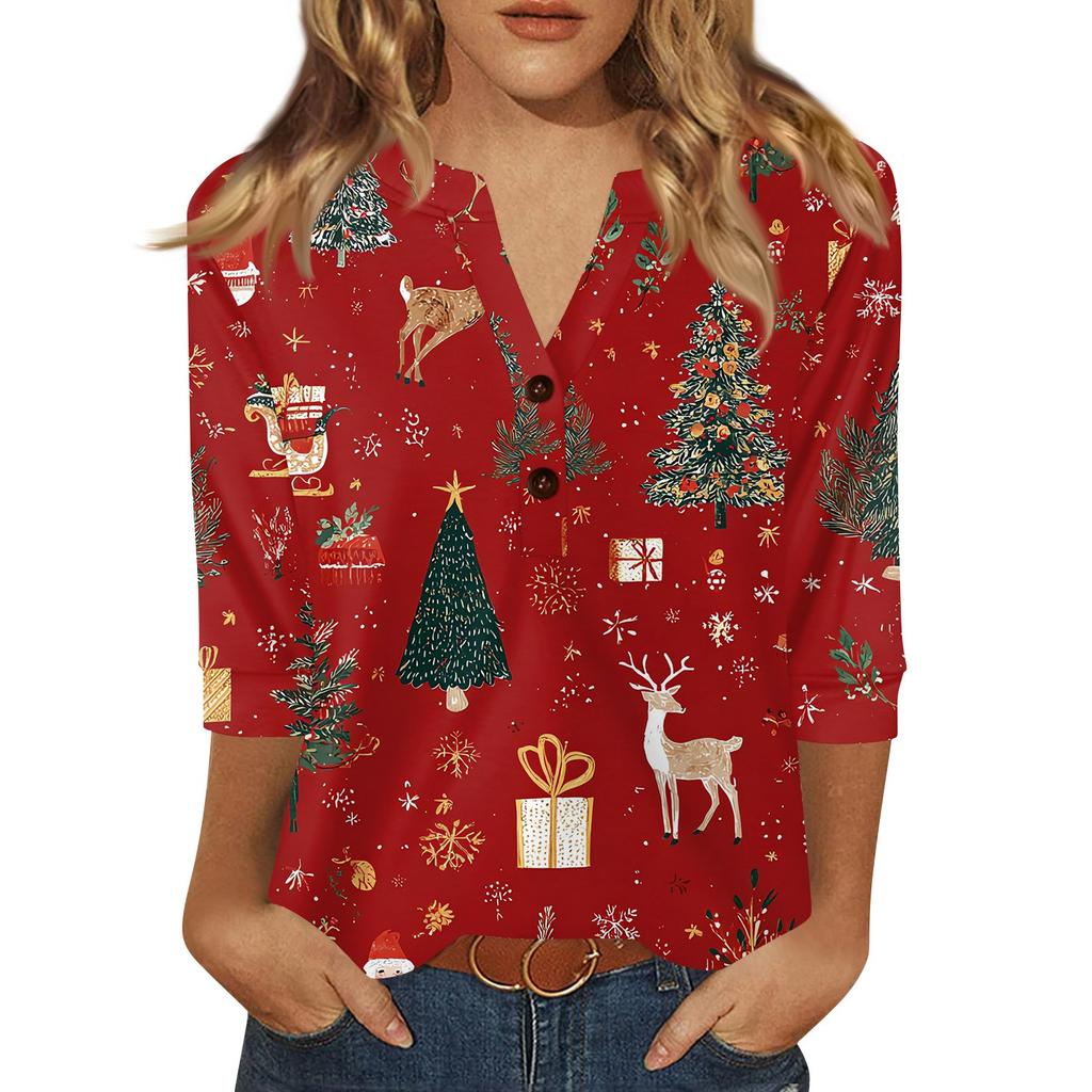 Women's T Shirt Christmas Print Button 3/4 Sleeve Daily Weekend Fashion Basic V- Neck Regular Top