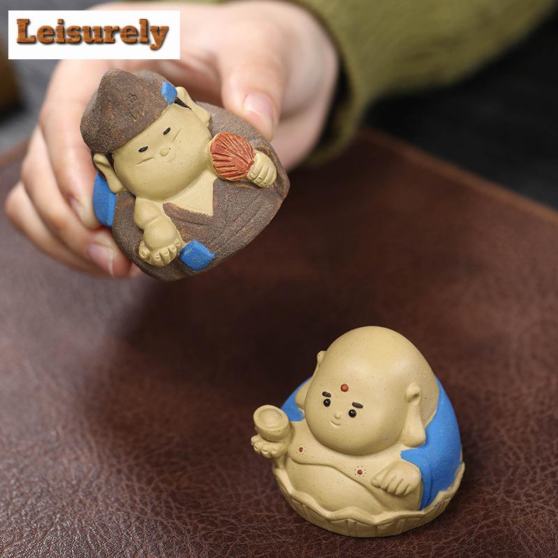 Zen Purple Clay Character Tea Pet Handmade Monk Jigong Buddha Tea Figurine Japanese Tea Ceremony Tea Statue Teaset Ornaments