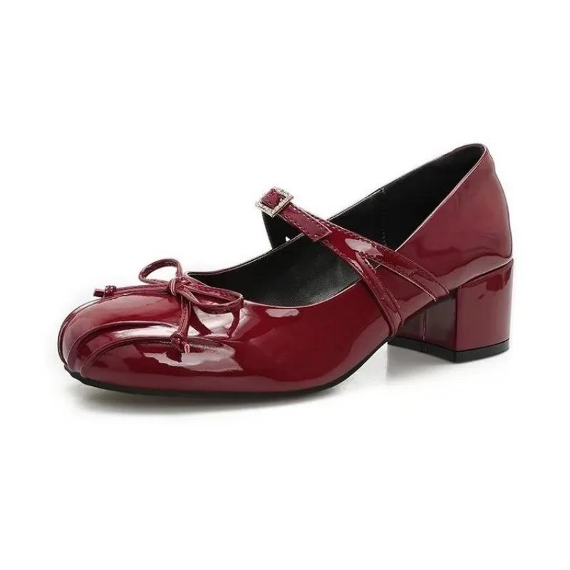 Ladies Shoes On Sale 2025 Mary Janes Women's High Heels Round Toe Bow Tie Dress Pumps Women Buckle Strap Crystal Med Heel Shoes