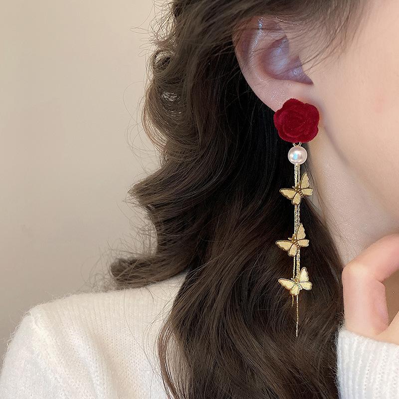 New autumn and winter burgundy red rose flower earrings women's light luxury temperament long butterfly fringed earrings earrings