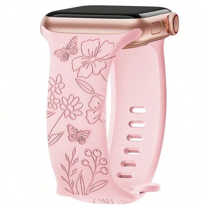 Bracelet pour Apple Watch Series 11 10 9 8 SE 7 6 5 4 3 2 1 Ultra 1/2/3, 42mm-44mm-45mm-46mm-49mm Silicone Gravure Papillon Rose