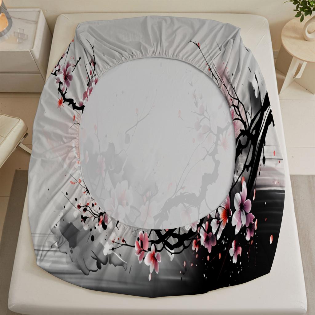 3pcs Cherry Blossom Fitted Sheet 3D Printed Pink And Black Floral Pattern Flat Sheet With Pillowcases No Filling Vivid Visual