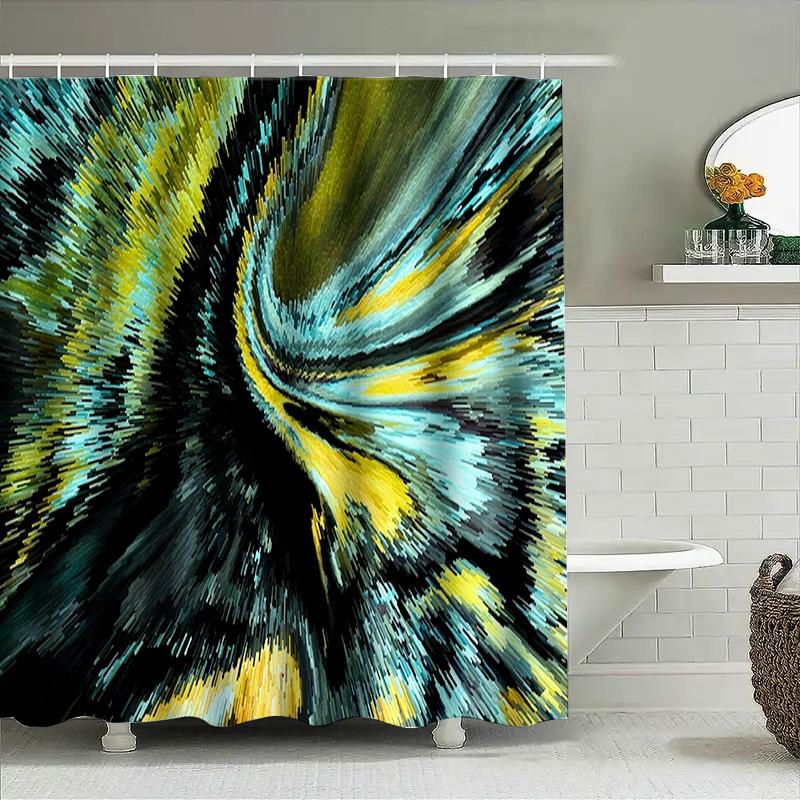 Modern Colorful Shower Curtain With Abstract Print For Bathroom Decor Green Blue Yellow Black White Gray Artistic Design Waterpr