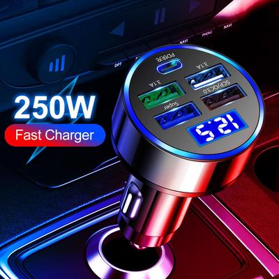 5-Poorts Snel Opladen USB-C Autolader QC3.0 Auto Telefoonlader Adapter met LED-Display Compatibel met iPhone Samsung Huawei Xiaomi