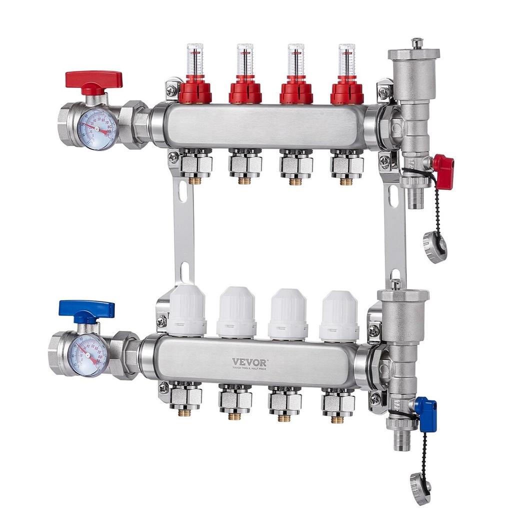 4-Strang Flächenheizungsverteiler 1/2" PEX-Rohr Fußbodenheizungsverteiler-Set