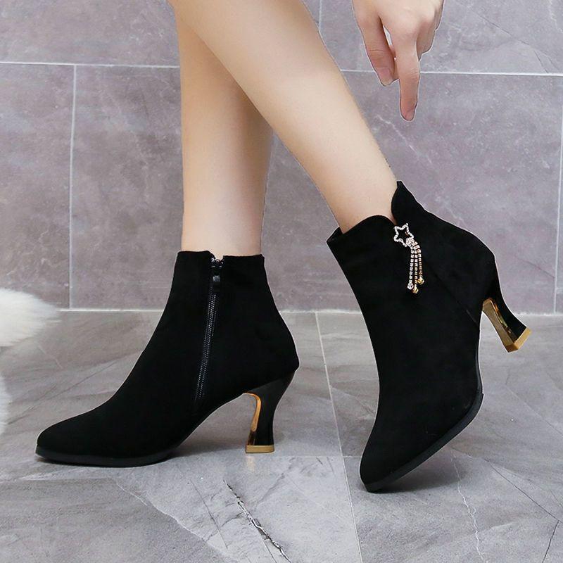 Autumn Winter Black Female Short Shoes Pointed Toe Booties New in Heeled Women's Ankle Boots Designer Luxury Boot on Promotion