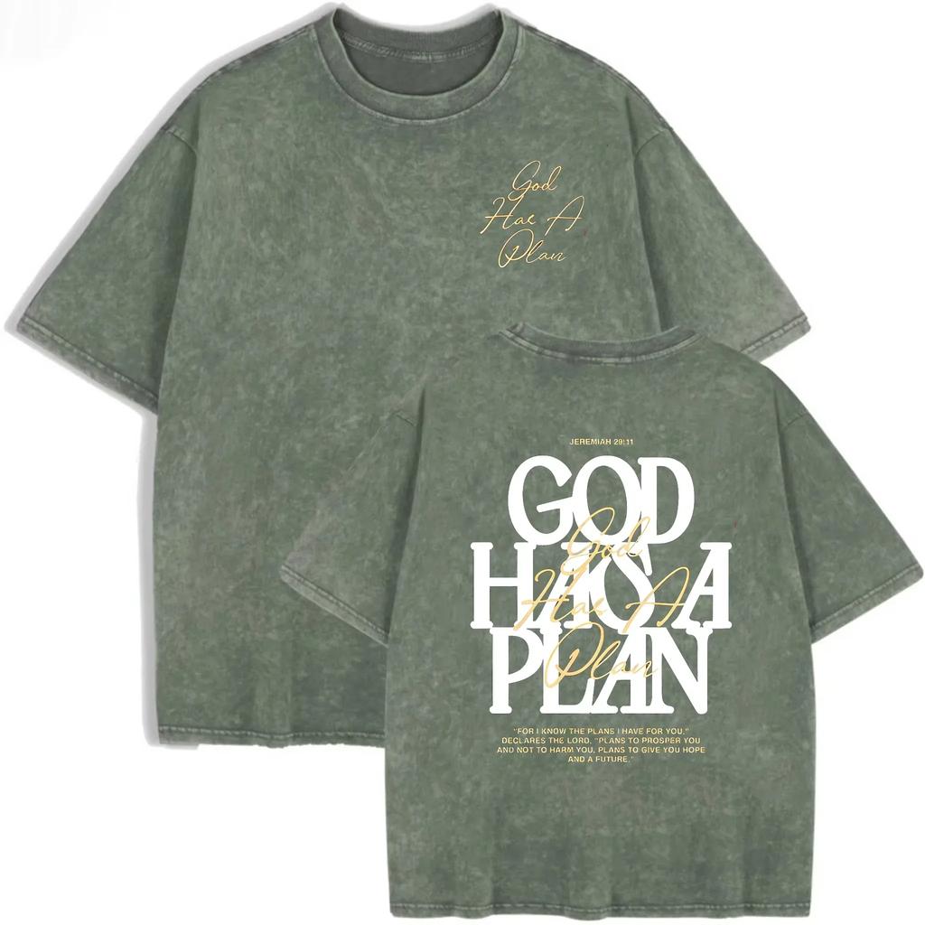 Retro Acid Wash Oversized T-shirt Front Back Bible Verse Inspirational Text Graphic Casual Daily Tops Asian Size