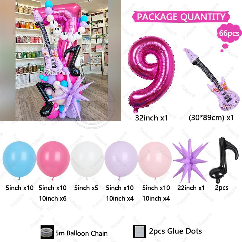 

66pcs Pop Music Guitar Party Balloon Set, Rose Red Digital & Purple Guitar & Supernova & Black Musical Note & Star Balloon 32inch