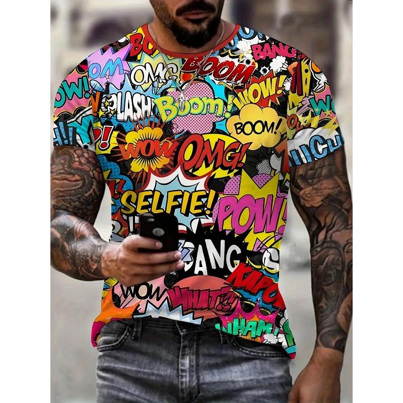 T-shirt da uomo rossa a girocollo a maniche corte con stampa di lettere 3D Pop Art Fumetto Boom OMG per Streetwear Casual Quotidiano