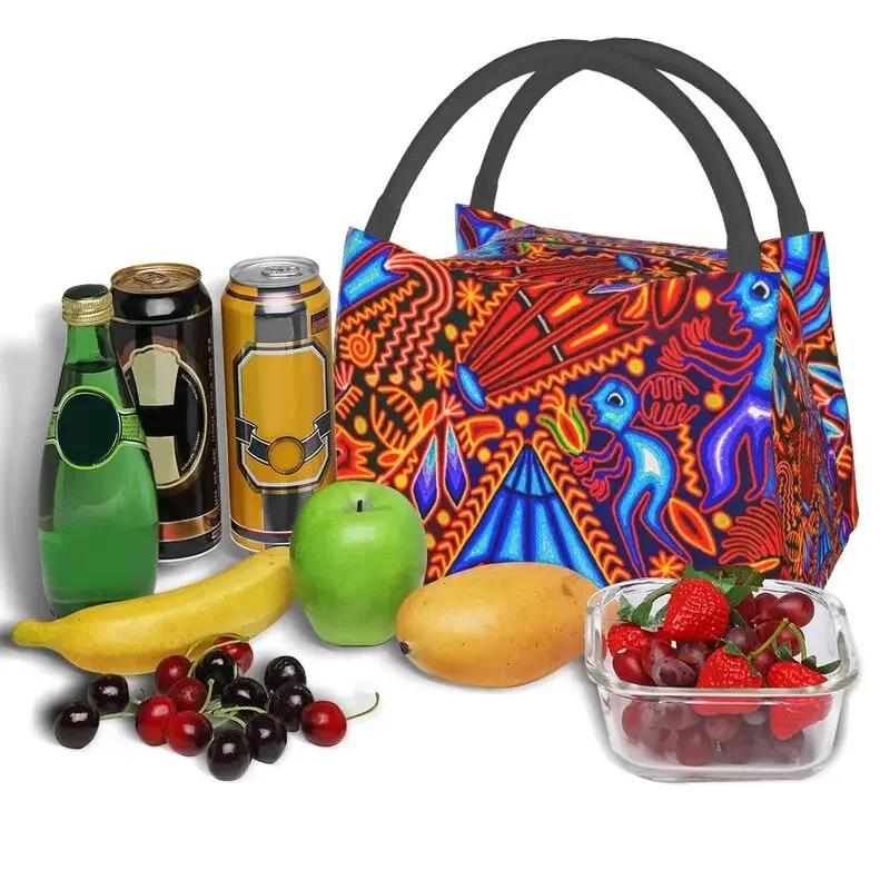 Huichol Traditional Native Thermal Insulated Lunch Bag Women Shamanic Ceremony Folk Art Portable Lunch Tote Meal Food Box