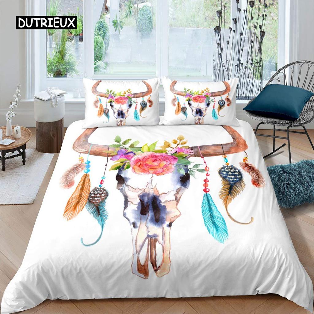 Stierschädel Bettbezug Set Boho Chic Feder Bettwäsche Set Böhmisch Exotische Zweige Blume für Teenager Mikrofaser King Steppdeckenbezug