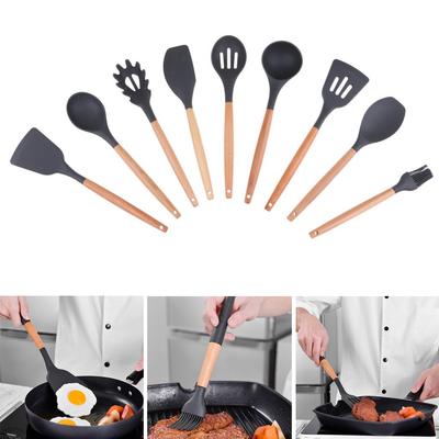 1 Set Silicone Cooking Kitchen Utensils with Wooden Handle for Camping Hiking Backpacking