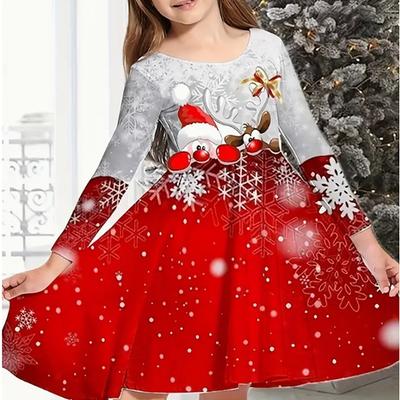 Abito Casual da Ragazza con Stampa 3D di Gatto Renna di Natale Girocollo Maniche Lunghe Abito da Principessa per Bambina