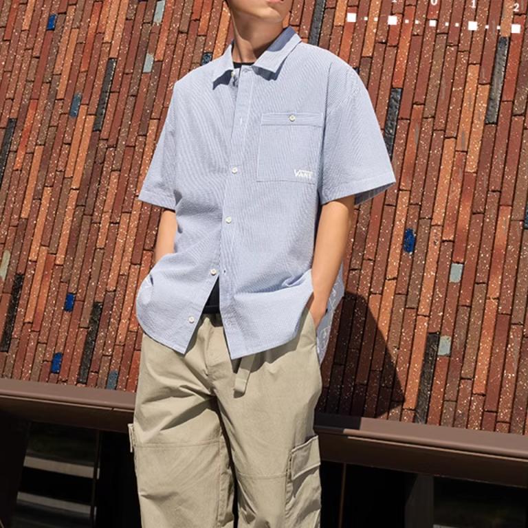 Vans Hickory Stripe Short Sleeve Woven Shirt Blue White Men VN000NM8EF7