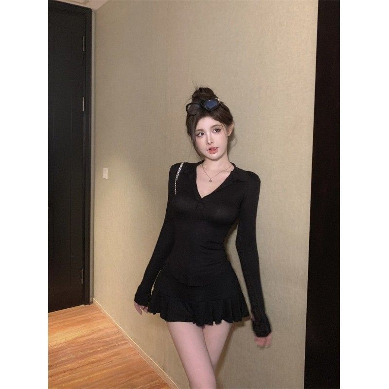 

Spice girl pure desire deep V-neck long-sleeved t-shirt women s polo collar waist thin top high waist pleated skirt pants two-piece set autumn XL чорний