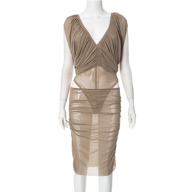

French Chiffon Summer Dress - Women s Slimming Waist-cinching Ruched Hip-hugging Short Skirt Set Medium