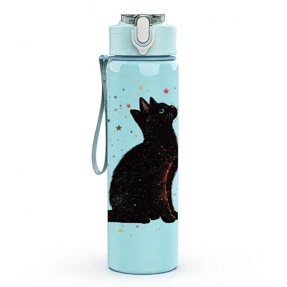 1PC Single Black Cat Silhouette Standing Print 750ml Color Plastic Sports Water Bottle Leakproof Flip Straw Lid Suitable for Sports Office Home Use
