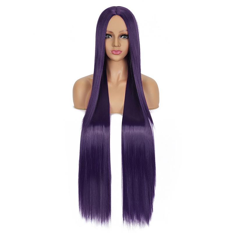 100cm Lange Rechte Cosplay Pruik Midden Scheiding Centrale Scheiding Blond Roze Rood Paars Hittebestendige Synthetische Haar Pruiken blue
