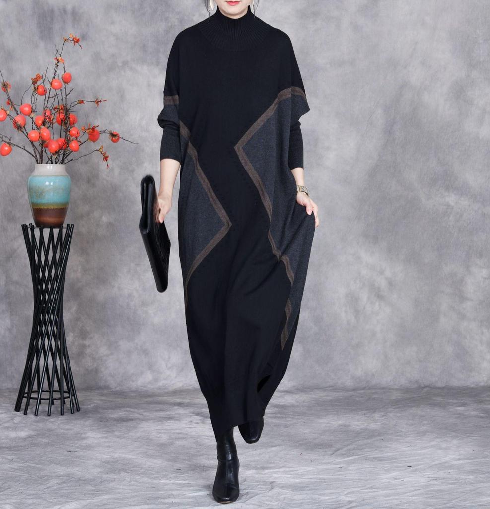 Johnature Woman Autumn Fashion Mock Neck Loose Long Sleeves Dress Chinese Style Contrast Casual Dress