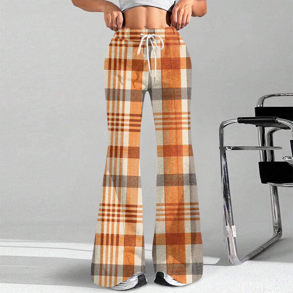 Women's Fashion Loose Drawstring Waist Plaid Printed Casual Sports Pants Casual Flared Pants