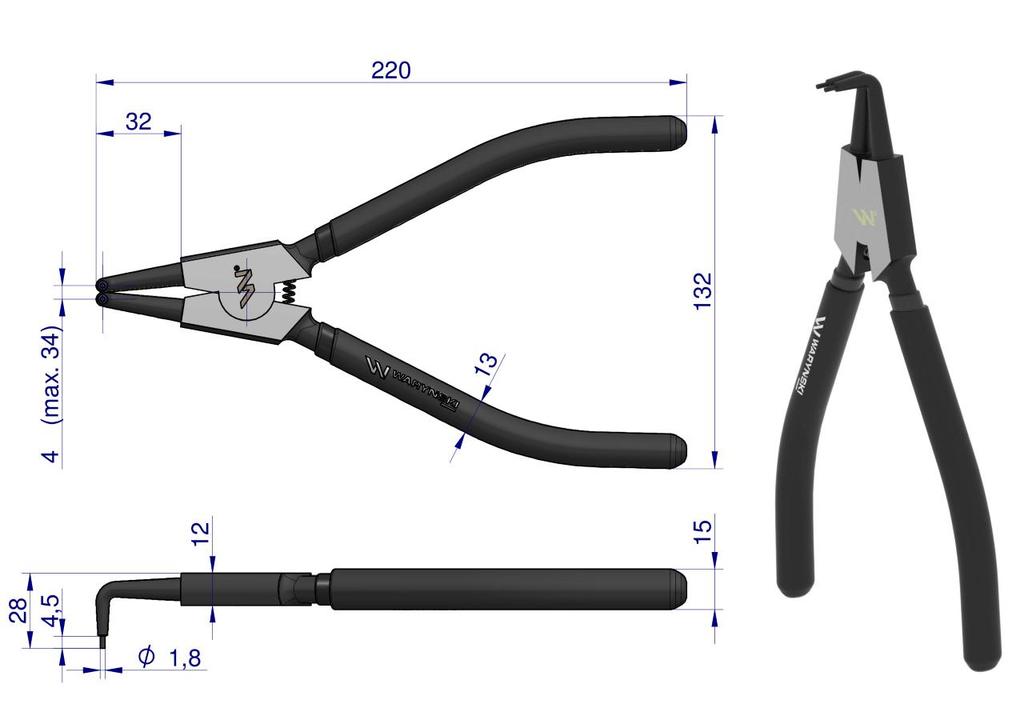 Szczypce Do Pierścieni Osadczych 240 Mm Zewnętrzne Wygięte Waryński