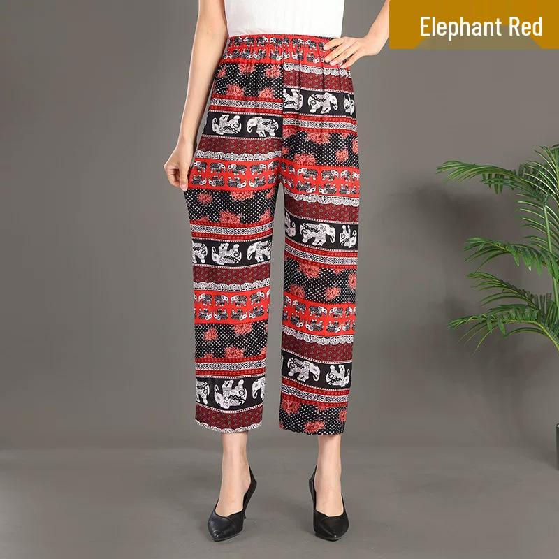 Ice Silk Floral Wide-Leg Pants for Middle-Aged and Elderly Women - Large, Loose, Casual, Straight-Leg Design