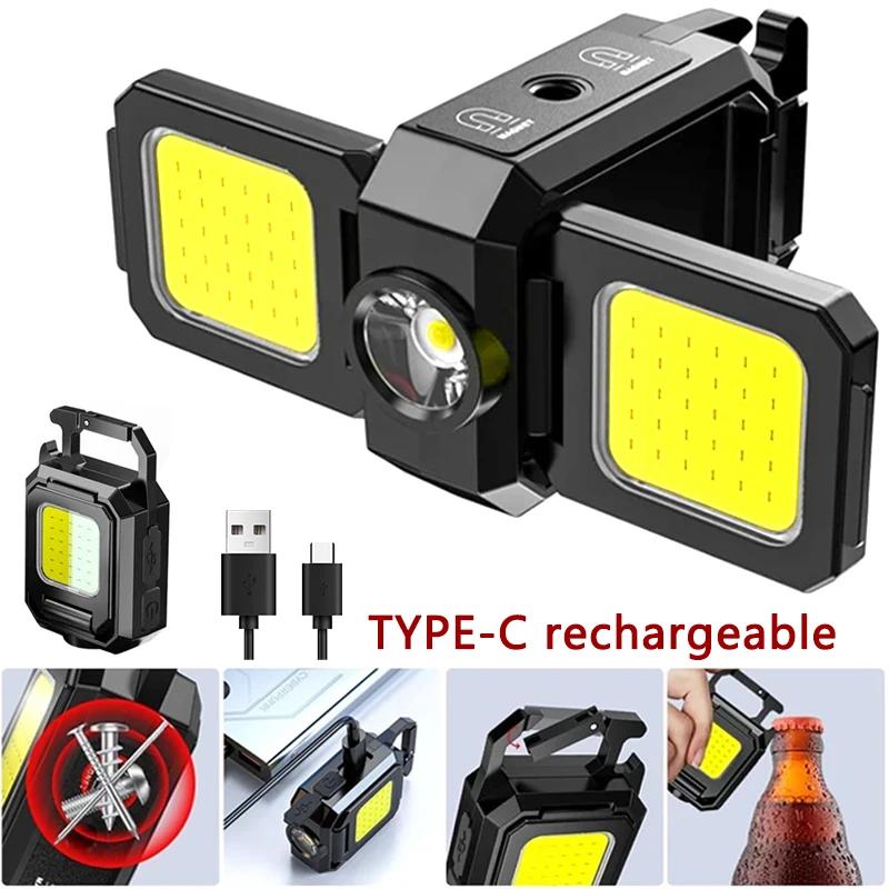 Mini-Taschenlampe, Schlüsselanhänger-Licht, COB-Arbeitslicht, wiederaufladbare USB-Lampe mit um 90° faltbaren Seitenlichtern, superhelle tragbare Laternen