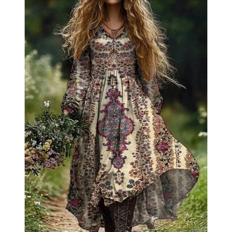 

DAFIFY Женская мода Весна Осень Цветочный принт Длинный рукав V-образный вырез Свободная талия Повседневные платья XXXXXL