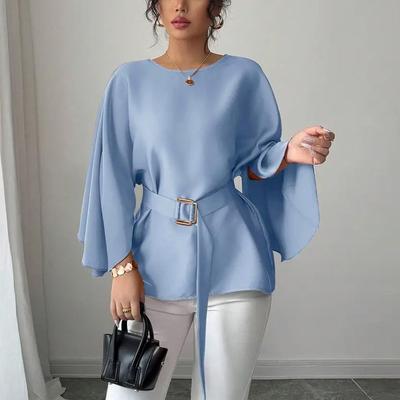 Spring Autumn Elegant Casual Office Blouse with Belt Irregular Simple Fashion Waistband Solid Color Shirt O Neck Loose Tops Slim Fit Clothing