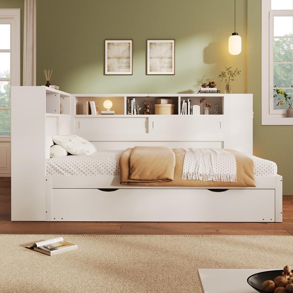 (=WX000707AAK-1) Daybed, 90x200cm(90x190cm), children's bed, without mattress, with pull-out bed, sofa bed with storage compartment with USB, white