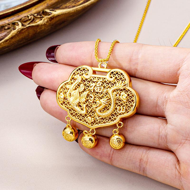 Vietnamese Sand Gold Ruyi Lock Necklace with Dragon & Phoenix Design
