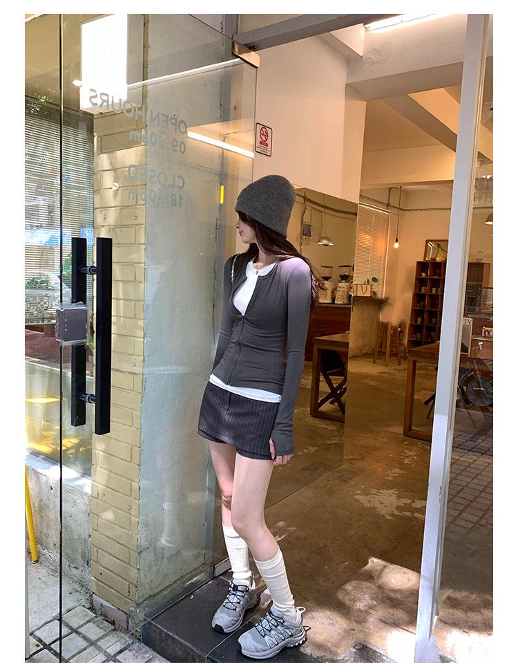 Women's Korean Style Colorblock Zip-Up Cardigan Long Sleeve T-Shirt - Autumn/Winter 2024 Slimming Top